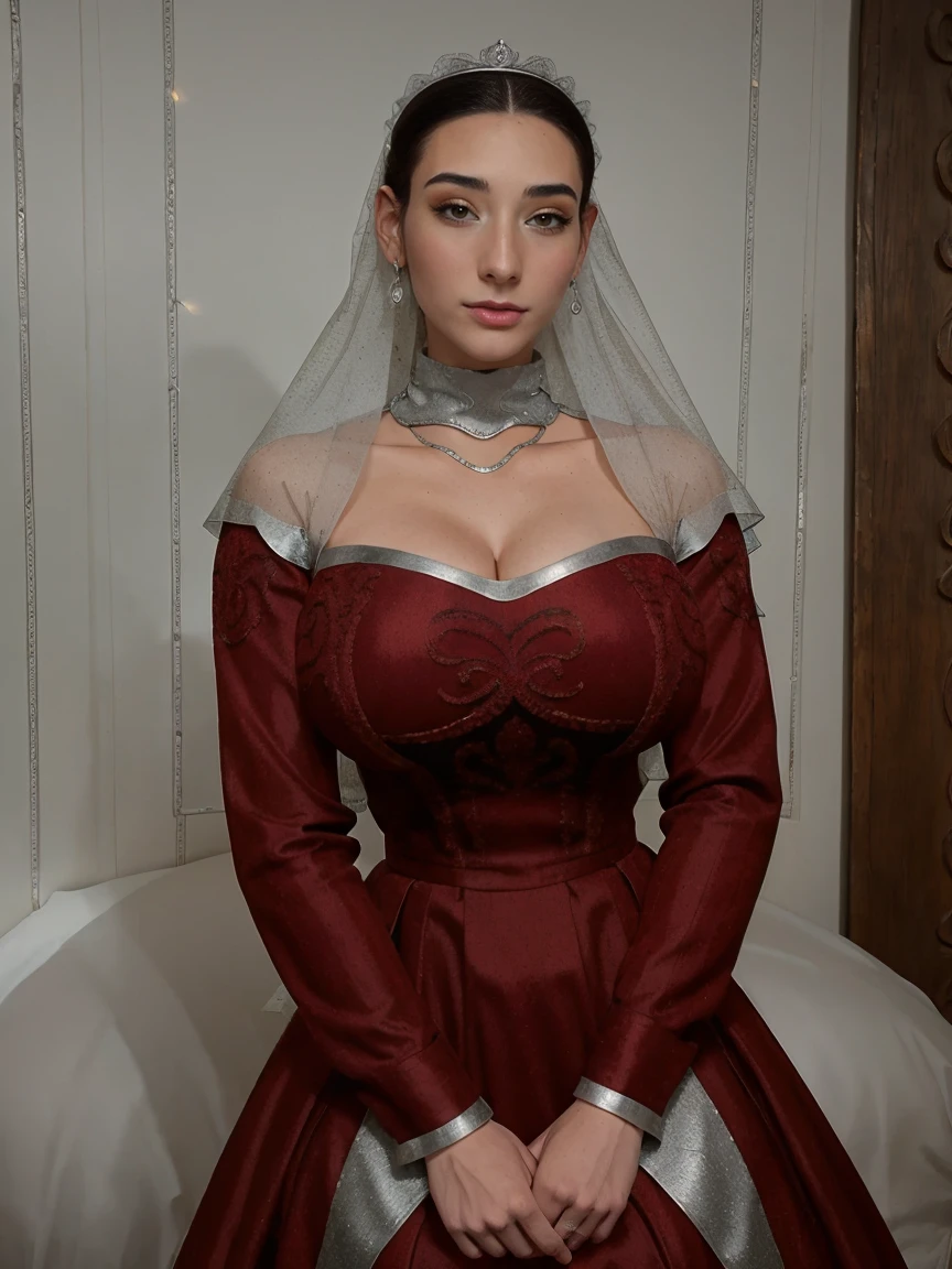 Gorgeous and sultry busty athletic (thin) brunette queen with sharp facial features wearing a modest updo, dark red medieval dress, long sleeves, intricate patterns, scrollwork, wide neck, crown, veil, long dress, modest dress, tight bodice, (silver waist chain), medieval jewelry, Middle Ages, castle, rampart, wall, stained glass