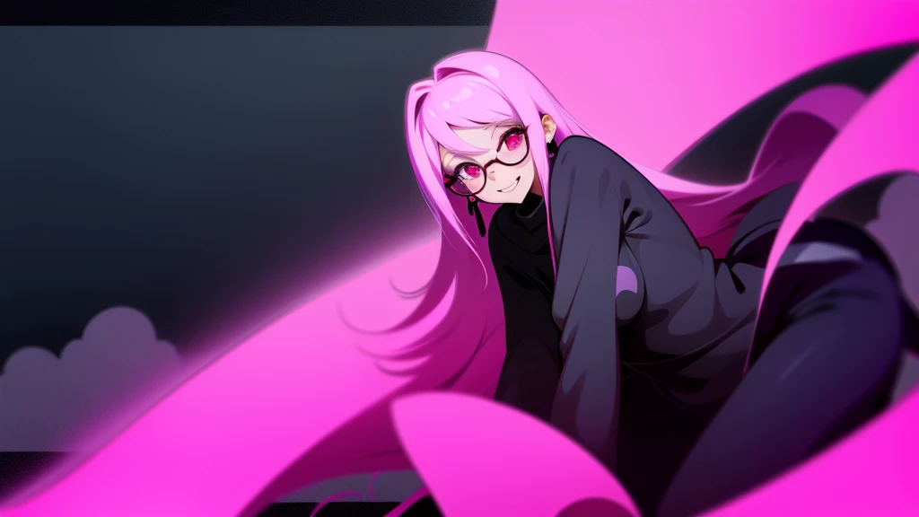 Girl smiling with long pink hair and black prescription glasses pink eyes black outfit