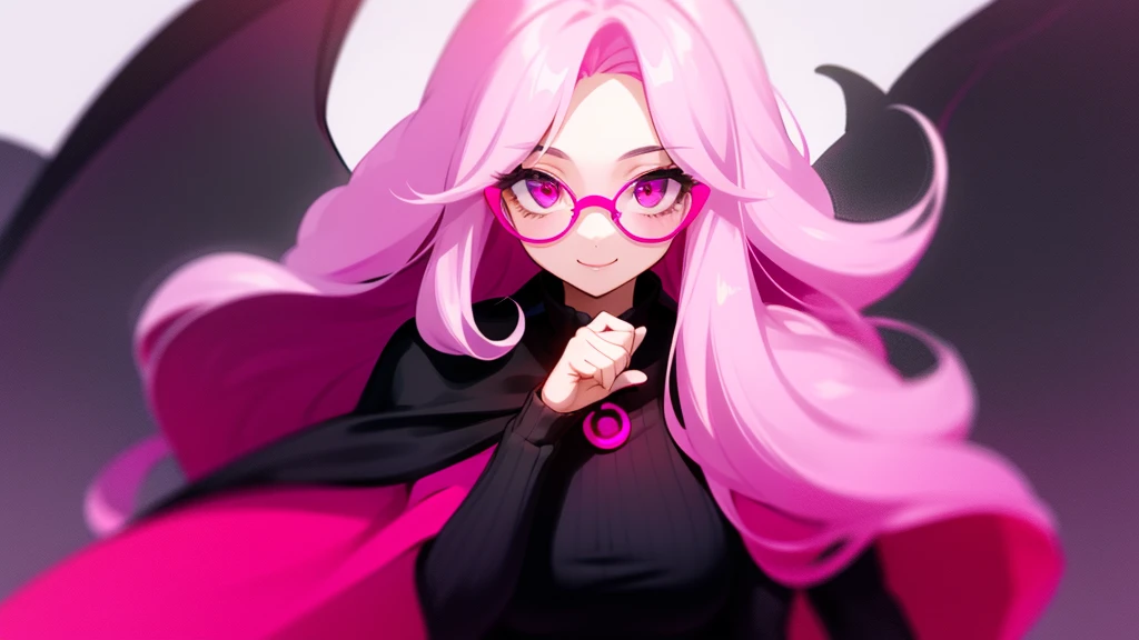 Girl smiling with long pink hair and black prescription glasses pink eyes black outfit