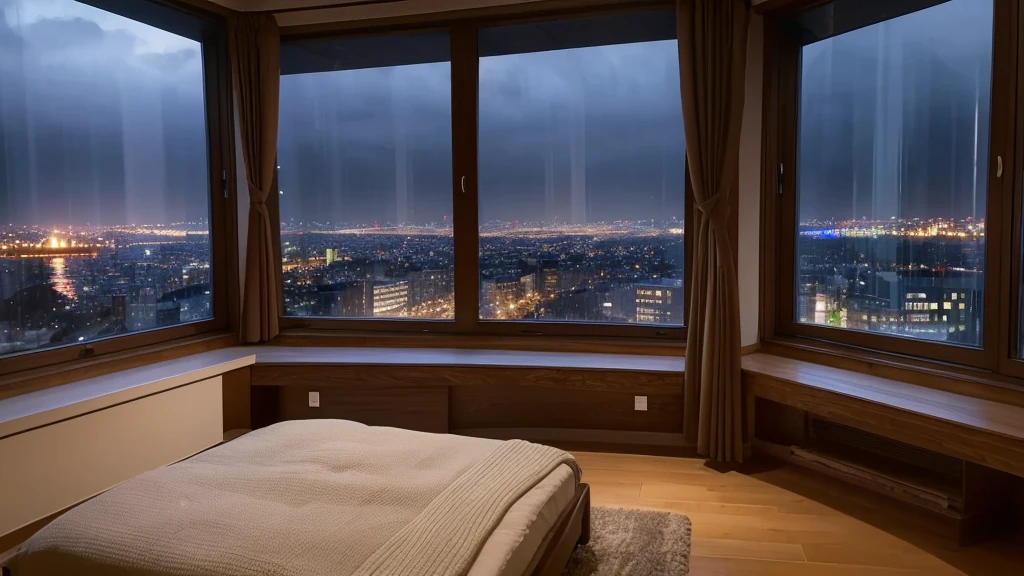 Large windows and spacious々A spacious bedroom, Large windows overlooking the city at night, Quiet and peaceful atmosphere, Indoors on a rainy day, A soothing and comfortable landscape, Cozy and serene atmosphere, Cozy urban bedroom, Cozy place, Relaxing environment, In the bedroom, Rainy night,