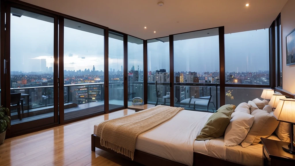 Large windows and spacious々A spacious bedroom, Large windows overlooking the city at night, Quiet and peaceful atmosphere, Indoors on a rainy day, A soothing and comfortable landscape, Cozy and serene atmosphere, Cozy urban bedroom, Cozy place, Relaxing environment, In the bedroom, Rainy night,