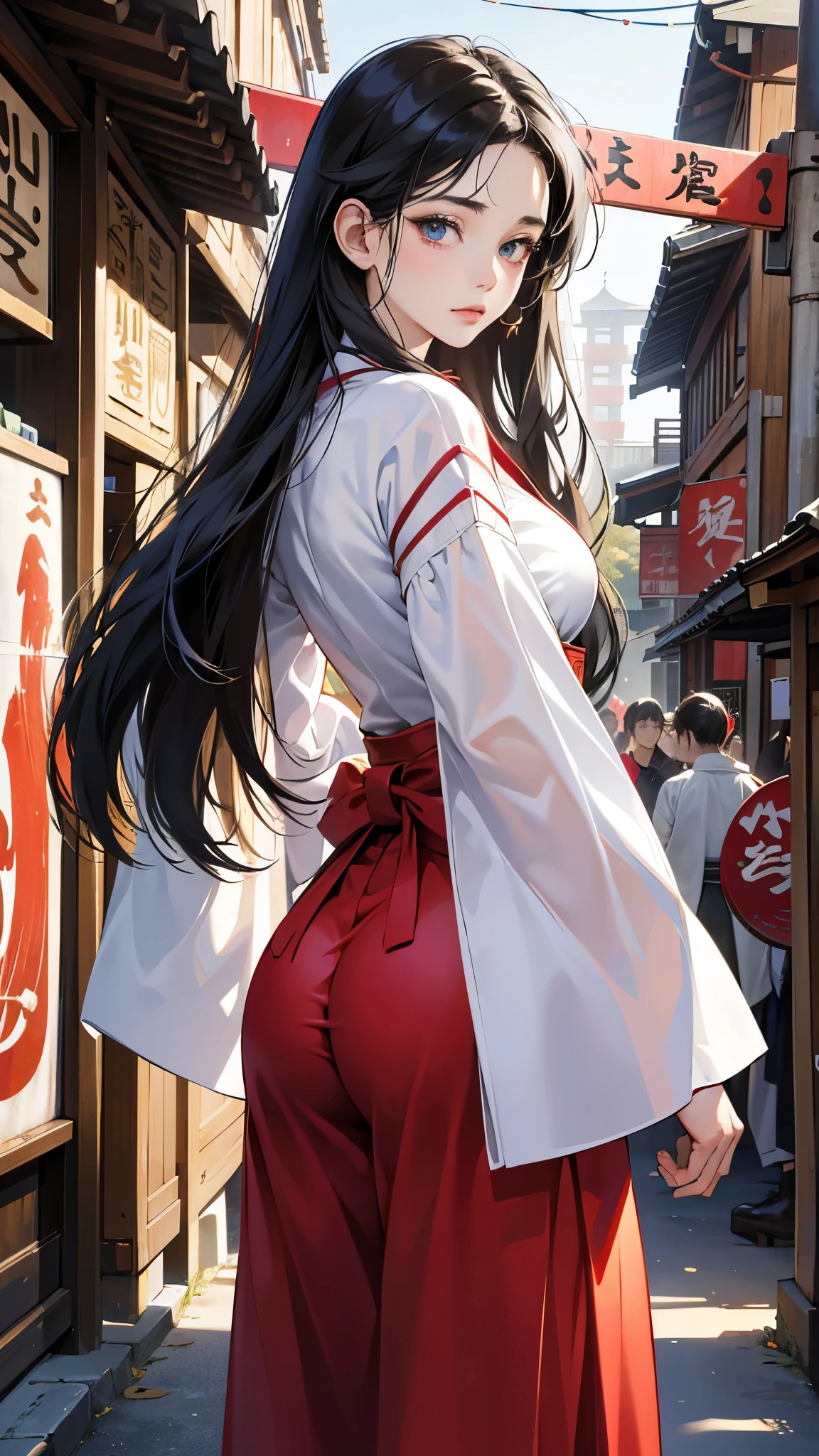 (perfect anatomy:1.2)(absurdres, highres, ultra detailed),masterpiece,best quality,high resolution,8k,Realistic face,Realistic skin texture,magnified textures, stunning clarity,detailed anime girl,(ultra detailed eyes and face),15 years old,black long hair,pale skin,Japanese shrine maiden, mysterious eyes,shrine maiden clothes,(white kimono),(red hakama:1.1) thin body type,big breasts,small ass,expressionless,Steampunk in the Edo Period、(vivid hieroglyphの看板と街頭広告:1.2)、silence、autumn、hieroglyph,souk、Shopping Street,Perfect silence,look at viewer,from front,Delicate atmosphere、standing upright,mysterious