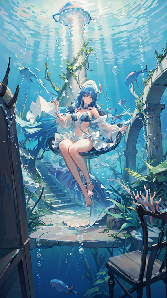 (caustics, masterpiece, best quality, high quality, ultra detailed, no humans), sunlight, (jellyfish:1.2), scenery, fish, bubble, blue theme, light rays, stairs, (underwater:1.5), (air bubble:1.4), ruins, Pillar, water, sunlight, scenery, bubble, light rays, stairs, underwater, ruins, Pillar, arch, column, (bubble blowing:1.3), (forest:1.3), (jungle:1.3), unmanned