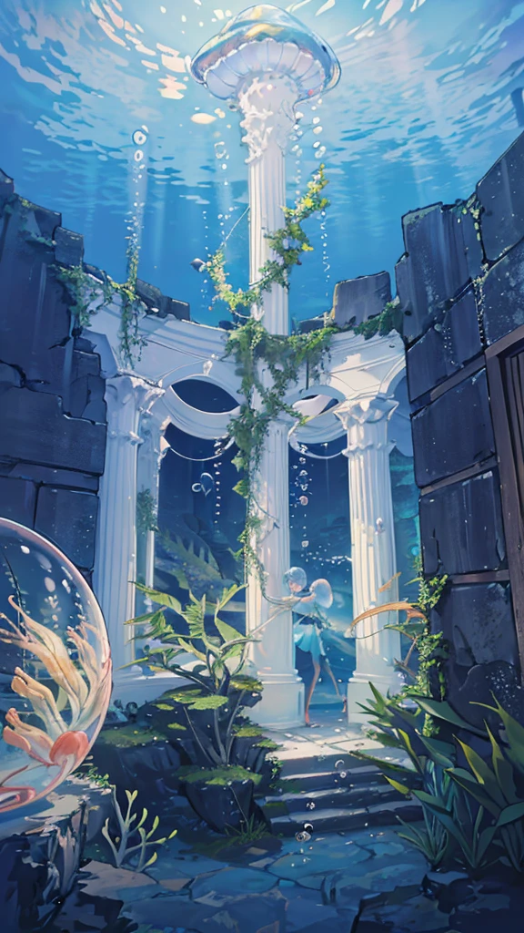 (caustics, masterpiece, best quality, high quality, ultra detailed, no humans), sunlight, (jellyfish:1.2), scenery, fish, bubble, blue theme, light rays, stairs, (underwater:1.5), (air bubble:1.4), ruins, Pillar, water, sunlight, scenery, bubble, light rays, stairs, underwater, ruins, Pillar, arch, column, (bubble blowing:1.3), (forest:1.3), (jungle:1.3), unmanned