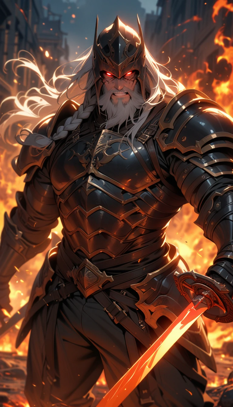 ((best quality)) , ((masterpiece)) , (detailed)，weapon, armor, holding, long hair, facial hair, glowing eyes, 1boy, male focus, holding weapon, glowing, sword, outdoors, helmet, braid, teeth, fire, shoulder armor, pants, grey hair, beard, bangs, holding sword, muscular male, white hair
