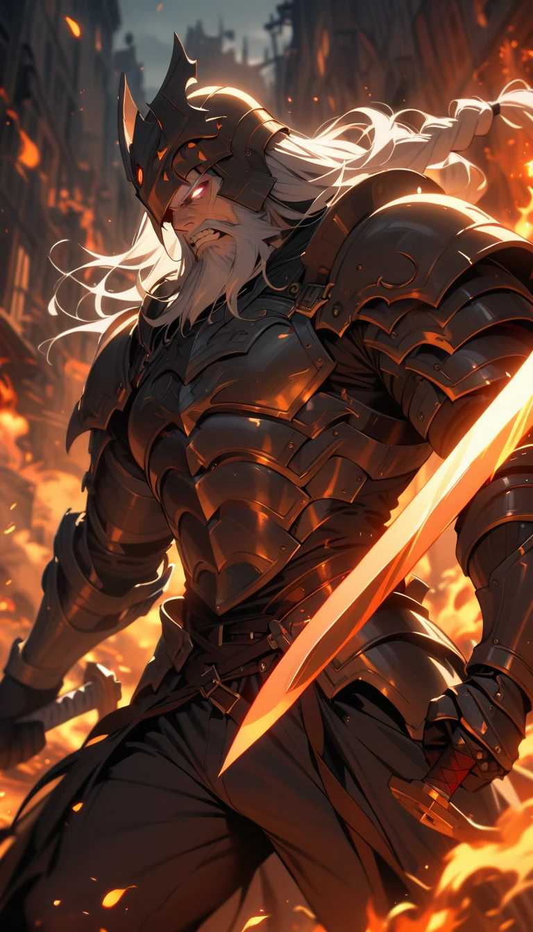 ((best quality)) , ((masterpiece)) , (detailed)，weapon, armor, holding, long hair, facial hair, glowing eyes, 1boy, male focus, holding weapon, glowing, sword, outdoors, helmet, braid, teeth, fire, shoulder armor, pants, grey hair, beard, bangs, holding sword, muscular male, white hair