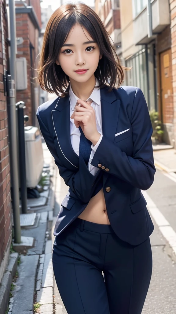 (((A beautiful girl walking down an alley in a neat navy blue suit:1.3))), (8k, RAW Photos, Highest quality, masterpiece:1.2), ((Beautiful girl alone)), Looking at the audience, Viewed from the front, Beautiful white skin, knees, Absurd face is small, Part your bangs down the middle, The forehead is visible, Glare, ((Cute mischievous face:1.3)), Ultra-high resolution, cute, (Slender body line), (Outstanding proportions), ((Neat OL suit:1.4, tie)), high school girl, (Idolフェイス, :1.65), Japanese women, Are standing, (Photorealistic:1.37), Photon Mapping, Realistic, cute顔が小さい, Brown eyes, prospect, Written boundary depth, Blurred Background, (I can see the bangs), Silky smooth hair, (Firm stomach:1.3), (Beautiful and slim thighs:1.4), (Small beautiful butt:1.2), (Curved waist), thigh, Nogizaka idol, Idol, (Detailed hands:1.3, Accurate hands:1.3, Beautiful little hands of a girl:1.3), (Firm and beautiful breasts:1.3), Super quality, Low people, (Clear white skin, Skin with visible pores:1.2), (Focus on the face), Check and correct the garment construction, (Perfect Anatomy:1.3), (Detailed eyes and face:1.3, Professional photography techniques), (Adorable poses:1.2)