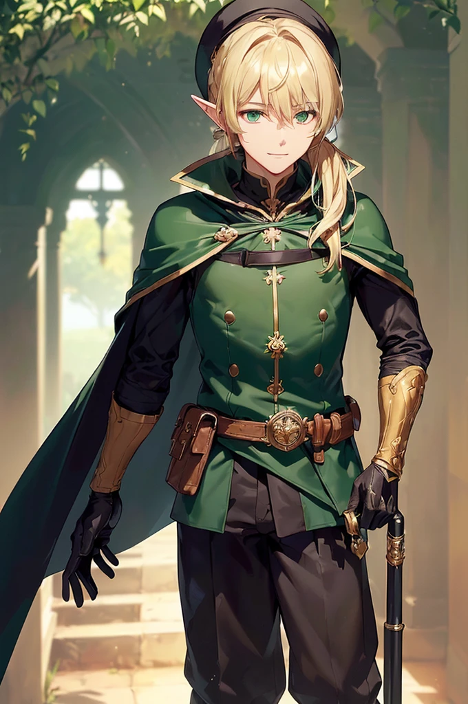 (((masterpiece; best quality: 1.2))), (finely detailed eyes: 1.3), (25 year old elf man), (solo), (green eyes: 1.4), (body; toned, fit, masculine: 1.3), (silky blonde hair in low ponytail: 1.3), (beautiful and clear background: 1.2), ((depth of field)), (equipment: adventurer garb + elegant slim wide-brim hat + dark coat + dark tunic + dark long cape + black pants + gloves + belt + pouches: 1.3), (anime illustration: 1.2), (background composition; royal garden: 1.1), (extremely fine and handsome: 1.1), (shot composition; standing + centered on torso + close-up: 1.5), (expression; calm, smile: 1.2)