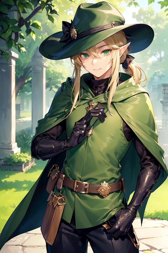 (((masterpiece; best quality: 1.2))), (finely detailed eyes: 1.3), (25 year old elf man), (solo), (green eyes: 1.4), (body; toned, fit, masculine: 1.3), (silky blonde hair in low ponytail: 1.3), (beautiful and clear background: 1.2), ((depth of field)), (equipment: adventurer garb + elegant slim wide-brim hat + dark coat + dark tunic + dark long cape + black pants + gloves + belt + pouches: 1.3), (anime illustration: 1.2), (background composition; royal garden: 1.1), (extremely fine and handsome: 1.1), (shot composition; standing + centered on torso + close-up: 1.5), (expression; calm, smile: 1.2)