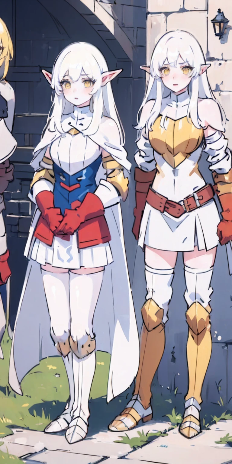 masterpiece, best quality, high quality, white SKIN elf, long hair, white hair, yellow eyes, full body, def_effie, blue breastplate, white skin, looking at viewer, shiny, armor, thigh highs, high boots, shoulder armor, faulds, poleyn, gloves, gauntlets