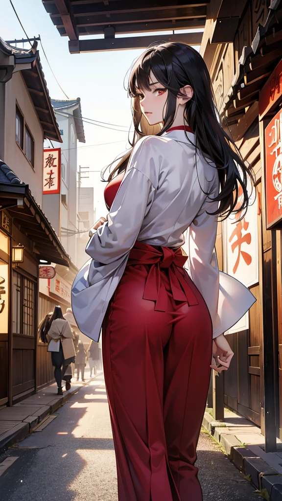 (perfect anatomy:1.2)(absurdres, highres, ultra detailed),masterpiece,best quality,high resolution,8k,Realistic face,Realistic skin texture,magnified textures, stunning clarity,detailed anime girl,(ultra detailed eyes and face),,black long hair,pale skin,Japanese shrine maiden, mysterious eyes,shrine maiden clothes,(white kimono),(The red long hakama),thin body type,big breasts,(small ass),(expressionless:1.2),Steampunk in the Edo Period、(Vivid hieroglyph signs and street advertisements:1.2)、silence、autumn、hieroglyph,souk、Ancient Egyptian statues、Shopping Street,,look at viewer,(from behind:1.6),Delicate atmosphere、,cowboy shot,arms down、Looking at the viewer