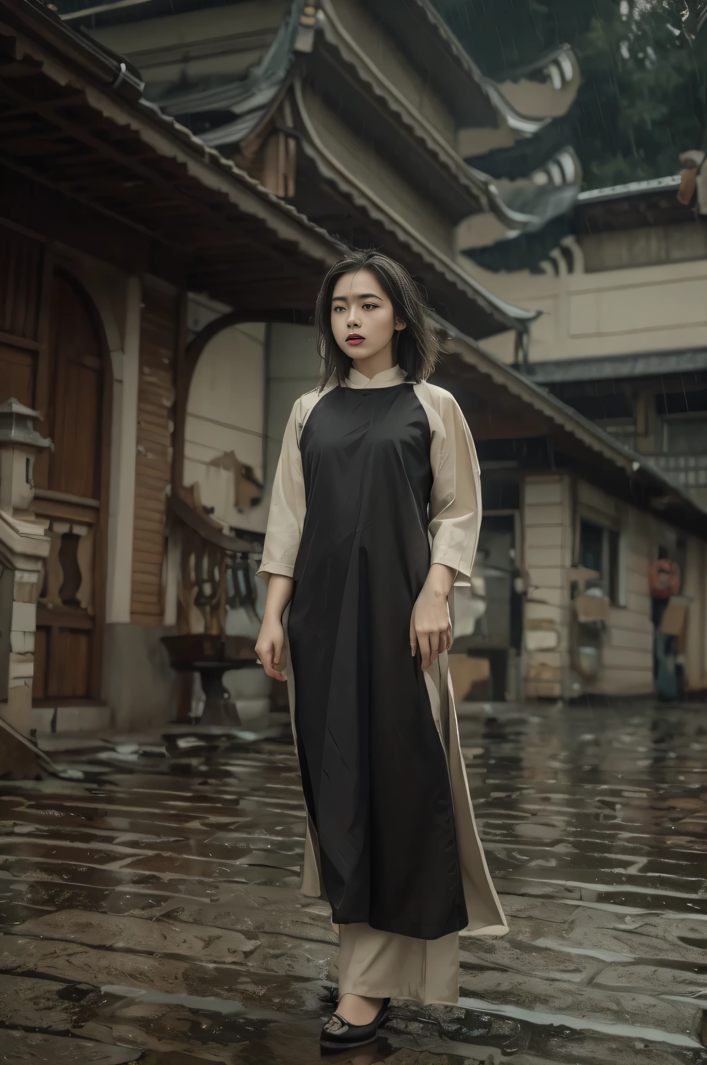 (((best quality))),(((ultra detailed))),(((masterpiece))),illustration,1girl, young,solo, slim,thin,shoulder length straight bob hair,small breasts,flat chest,standing,rainy night, heavy rain, drenched clothes, melancholy expression, solitude, tear rolling down cheek, wet hair, empty streets, dimly lit, deserted environment, sound of rain, footsteps, discarded umbrella on the ground, symbol of hope, abandoned, resilience, determination, walking in rain, heartbreak, loss, love fading, loneliness, body language, facial expression, dreary atmosphere, rain-soaked streets, somber mood, viewer engagement,full body