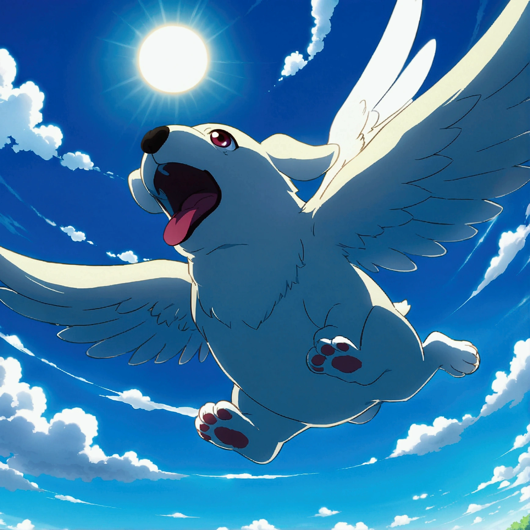 best qualith, a puppy flying in the sky, wing, cloud, sun, blue sky, anime, official art,