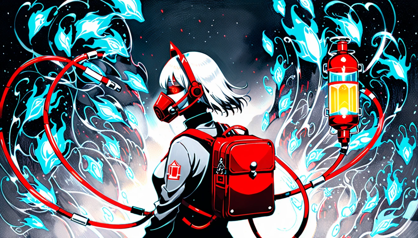 (in style of Catherine Hyde:1.4),
1 Girl,gray sailor suit,respirator masks,glowing eyes,the oxygen cylinder is on its back,from the side,fluorescent luminescent liquid,insert 2 tubes in front of you,futuristic style,(a red square metal backpack with a weird style:1.4),