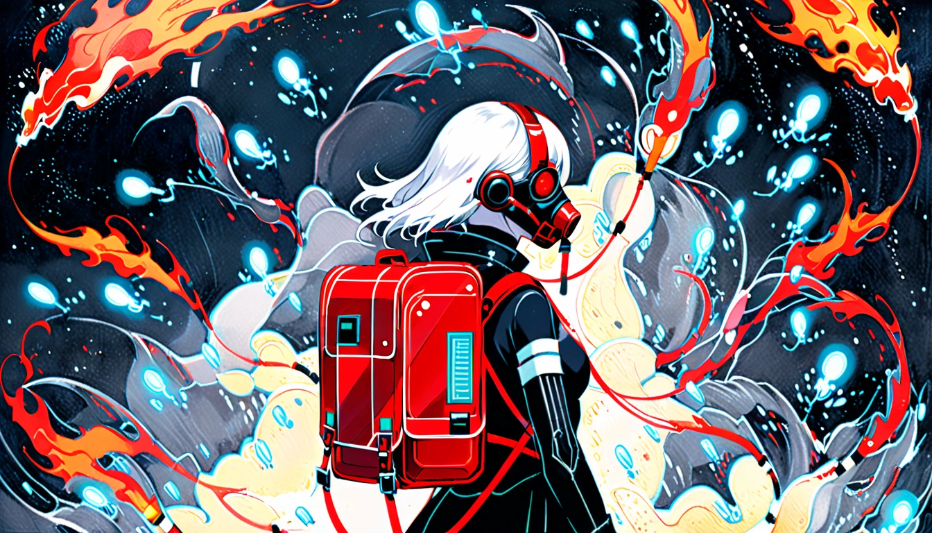 (in style of Catherine Hyde:1.4),
1 Girl,gray sailor suit,respirator masks,glowing eyes,the oxygen cylinder is on its back,from the side,fluorescent luminescent liquid,insert 2 tubes in front of you,futuristic style,(a red square metal backpack with a weird style:1.4),