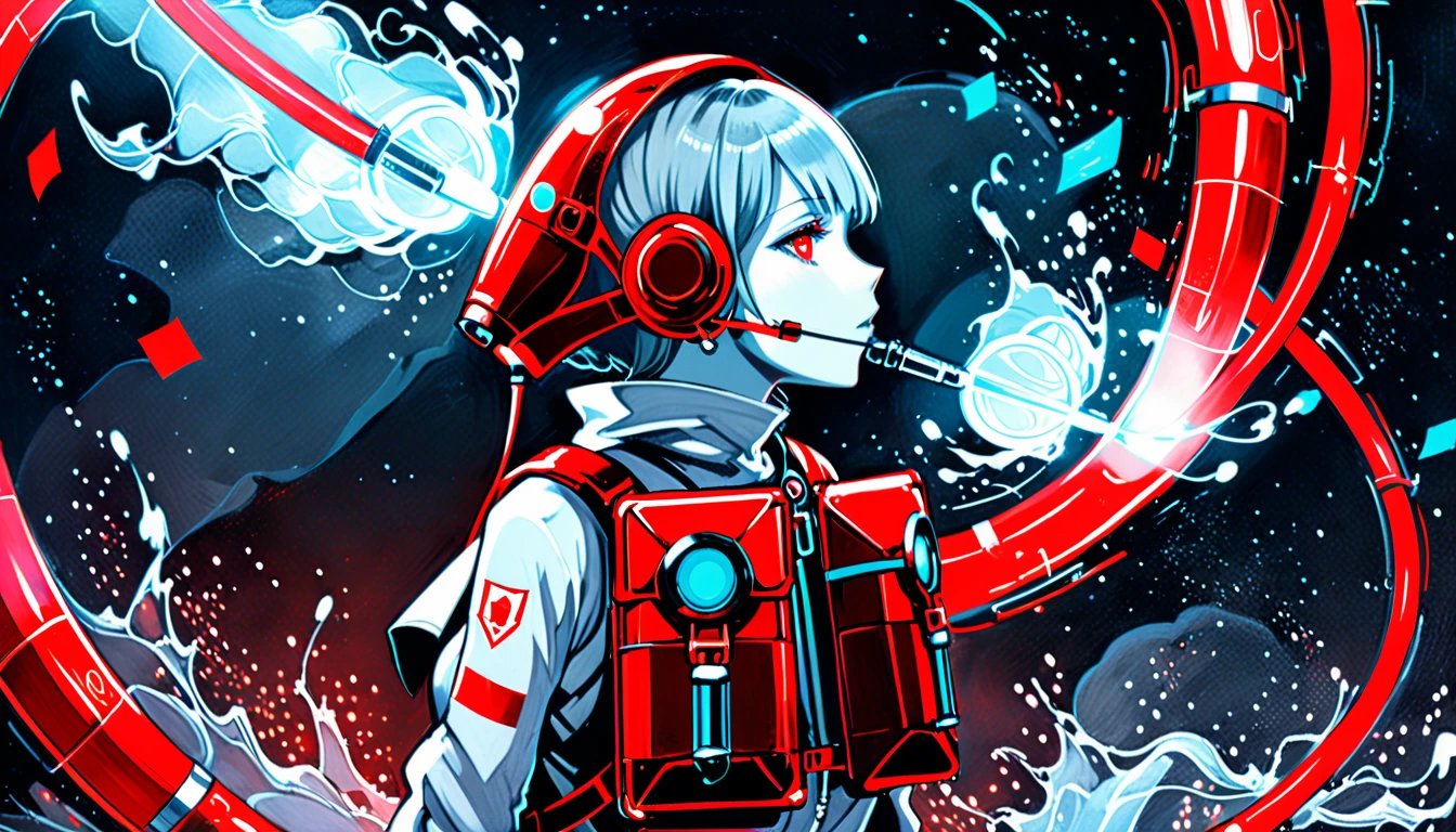 (in style of Catherine Hyde:1.4),
1 Girl,gray sailor suit,respirator masks,glowing eyes,the oxygen cylinder is on its back,from the side,fluorescent luminescent liquid,insert 2 tubes in front of you,futuristic style,(a red square metal backpack with a weird style:1.4),