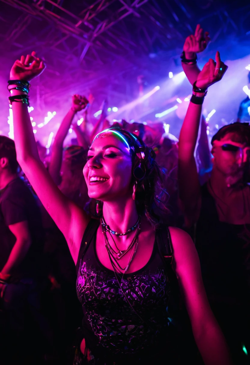 A woman at a trance rave party, enjoying dancing