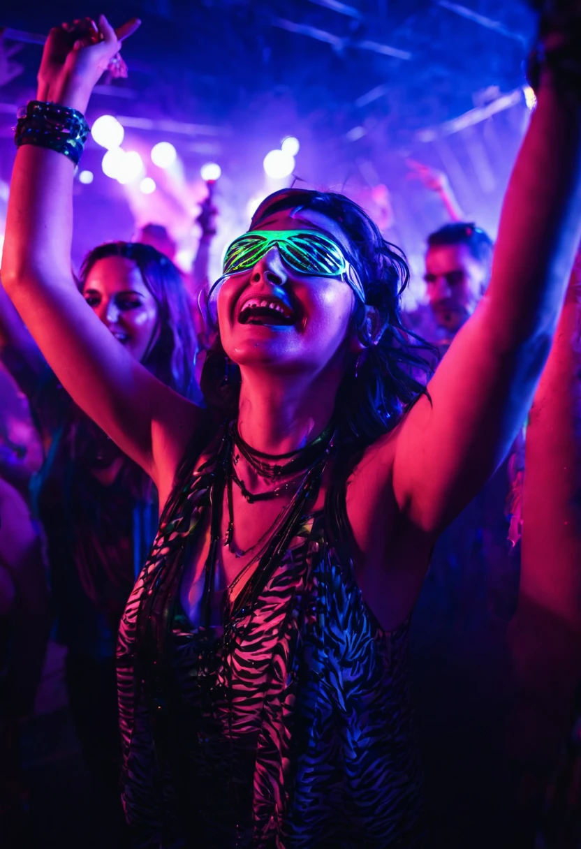 A woman at a trance rave party, enjoying dancing