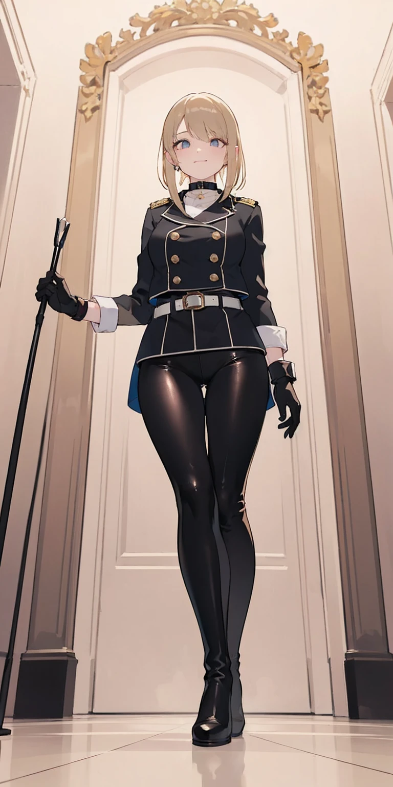 (masterpiece, best quality), intricate details, 1girl, Cammy White from Street Fighter (standing full body toe to head by wooden pole:1.2) iron collar, arms behind back, iron cuffs, shackles, bound, bondage outfit, harness, o-ring, bondage outfit blindfolded cover eyes, happy red cheeks, chain leash collar choker neck bell shackles wristbands bracers bracelets, cleave gag, (highest resolution, distinct_image) best quality, a woman, solo, masterpiece, highly detailed, semi realistic, brown hair, bangs, 23 years old, (large breasts:0.5),mature, young, tall strong,(plain and simple uniform),( plain minimalist military uniform),(luxury hotel room background:1.2), cold, serious, tall, handsome, autocratic, powerful, demi-god, exquisite facial features, exquisite facial features, (full body)(black knee-high boots:1.4)(dominatrix:1)(white Yoga pants:1.3),(black leather gloves:1.5)(black coat:1.3),(samus),solo,1girl,(looking at viewer),(from below:1.1)(head turned upwards:0.3)(smiling:0.4)(bodysuit:0.1)(holding riding crop:1.2)(muscular:0.85),(black belt:1.3), (shirt tucked in pants),(standing on ground), (marble floor)(mean:0.4)(seductive:0.5)(evil:0.6),detailed,(tall face:0.25)(abs:0.4)(bdsm Equipment), (Pale eyes),(throne),Zelda,queen, military,uniform, confident,smirk,evil, yandere,stairing,obsessive,obsessed,pretty eyes,mature, (war glam),adult,milf