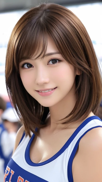 Realistic、Masseter region、Highest quality、High resolution、RAW Photos、Realistic、Bright lighting、Face Light、Smooth Professional Lighting、Japanese women、Beautiful woman、Modeled、gravure、sexy、so beautiful、Realisticで美しい肌、Beautiful and detailed、Detailed face、slim、Large Breasts、Cleavage、short hair、Brunette Hair、Brown eyes、Looking into the camera、Cheerleader、Cheerleader、Cheerleader、smile