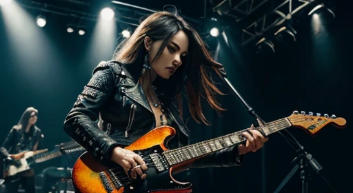 (Masterpiece:1.3, Best quality, Photorealistic, Ultra-detailed, finely detailed, high resolution, 8K wallpaper) Heavy metal, biker chick with chains and spikes, ferocious expression, powerful female rock star, black leather, dressed in black leather jacket and torn jeans, dark eyeliner and black lipstick, heavy music, fierce woman, standing tall, epic guitar solo, guitar on fire, woman solo electric guitar, female guitarist of metal, woman playing the guitar, electric guitar made of metal, flames on stage, female rocker playing a concert,