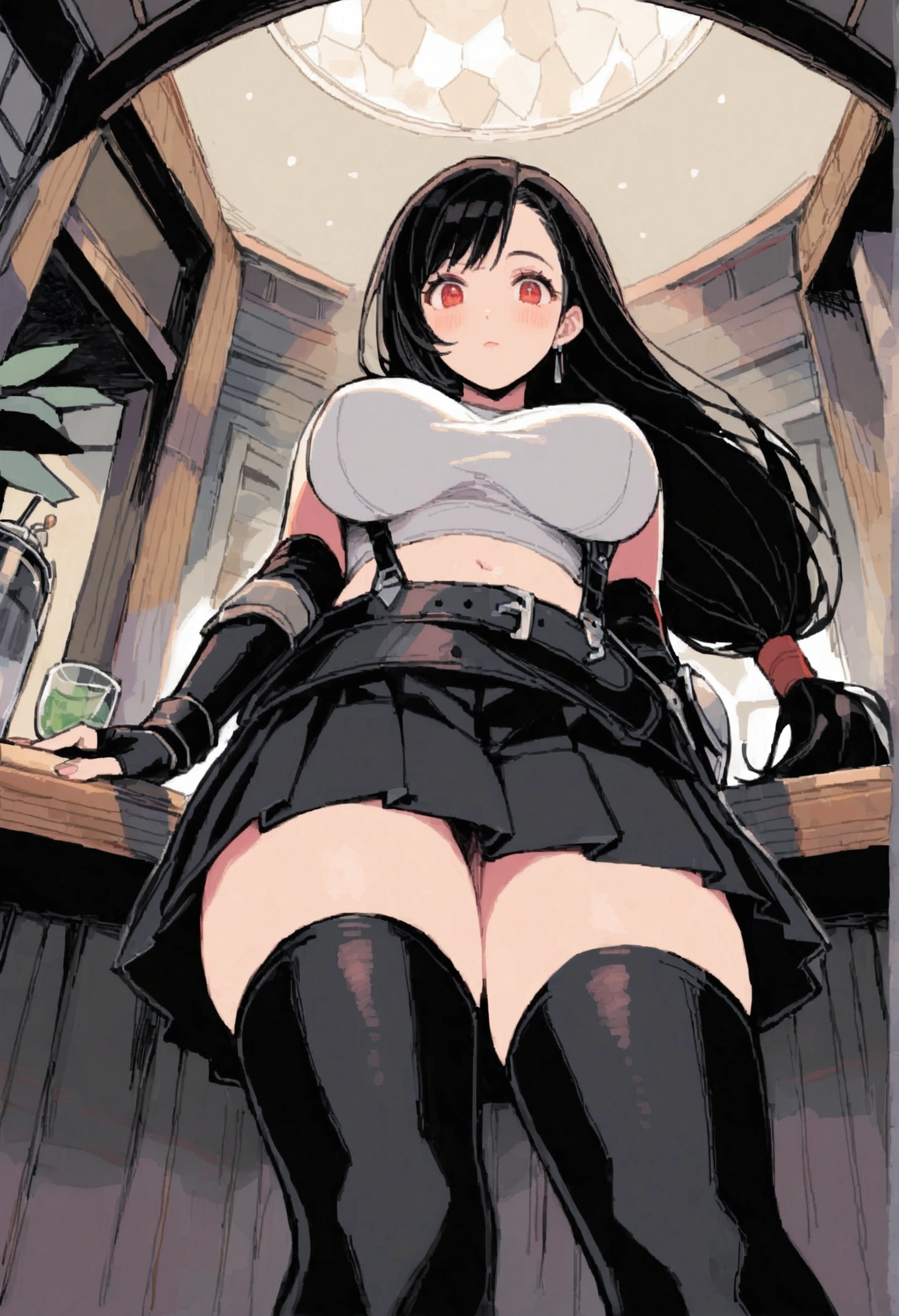 score_9, score_8_up, score_7_up, (best quality), masterpiece,perfect anatomy,(aesthetic,very aesthetic),tegaki,illustration,ultra-high resolution, 1girl, tifa lockhart, final fantasy,(beautiful woman).tareme, black hair, low-tied long hair, red eyes, bangs, white tank top,gap, belt, pleated skirt, thighhighs, elbow fingerless gloves, elbow pads, midriff, navel,suspender skirt.zettai ryouiki ,from below,(breastbelow view),,(large_breasts),Solo,mediumshot,looking_at_viewer,arms in sides,sitting,cafe and bar, ,Framin,(Composition)
