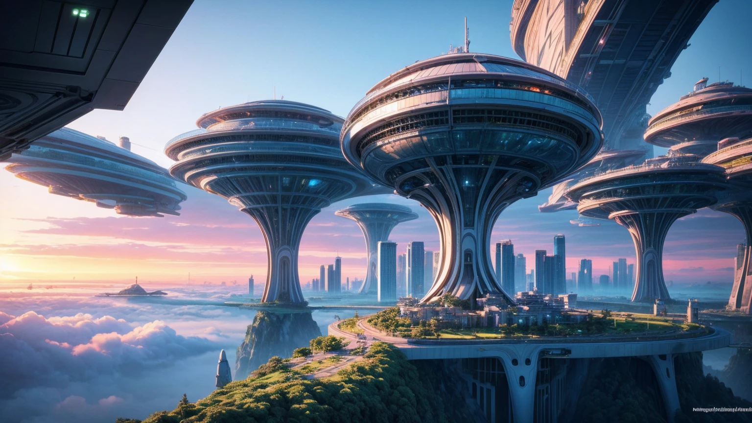 (Best quality,4K,8K,A high resolution,Masterpiece:1.2),Ultra-detailed,(Realistic,Photorealistic,photo-realistic:1.37),Futuristic floating city,Futuristic technology,Huge urban high-tech tablet platform,Airship,Floating in the sky,Futuristic city,Small airships around,High-tech hemispherical platform,Colorful lights,Advanced architecture,modernn architecture,skyscrapper,Access the cloud,Scenic beauty,view over city,Impressive design,Blend seamlessly with nature,energetic and vibrant atmosphere,Futuristic transportation system,Parking is suspended,Transparent path,Lush greenery,Sky gardens,cascading waterfalls,Magnificent skyline,reflections on the water,Sparkling river,Architectural innovation,futuristic skyscrapers,Transparent dome,The shape of the building is unusual,Elevated walkway,Impressive skyline,Glowing lights,Futuristic technology,Minimalist design,Scenic spots,Panoramic view,Cloud Piercing Tower,Vibrant colors,epic sunrise,epic sunset,Dazzling light display,magical ambiance,The future city,Urban Utopia,LuxuryLifestyle,Innovative energy,sustainable development,Smart city technology,Advanced infrastructure,Tranquil atmosphere,Nature and technology live in harmony,Awesome cityscape,Unprecedented urban planning,Architecture connects seamlessly with nature,High-tech metropolis,A cutting-edge engineering marvel,The future of urban living,Visionary architectural concept,Energy-efficient buildings,Harmony with the environment,A city floating above the clouds,Utopian dreams become reality,The possibilities are endless,State-of-the-art transportation network,Green energy integration,Innovative materials,Impressive holographic display,Advanced communication system,Breathtaking aerial view,Quiet and peaceful environment,Modernist aesthetics,Ethereal beauty