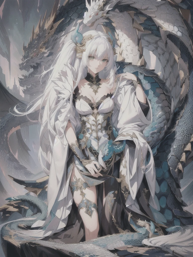 anime girl with a dragon and snake on her shoulder, queen of dragons, white haired deity, dragon girl, anime fantasy illustration, loong, detailed anime art, detailed anime artwork, detailed digital anime art, detailed anime character art, anime fantasy artwork, the dragon girl portrait, human and dragon fusion, clean detailed anime art