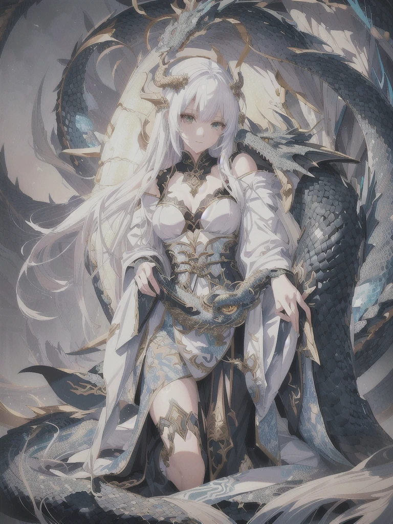 anime girl with a dragon and snake on her shoulder, queen of dragons, white haired deity, dragon girl, anime fantasy illustration, loong, detailed anime art, detailed anime artwork, detailed digital anime art, detailed anime character art, anime fantasy artwork, the dragon girl portrait, human and dragon fusion, clean detailed anime art