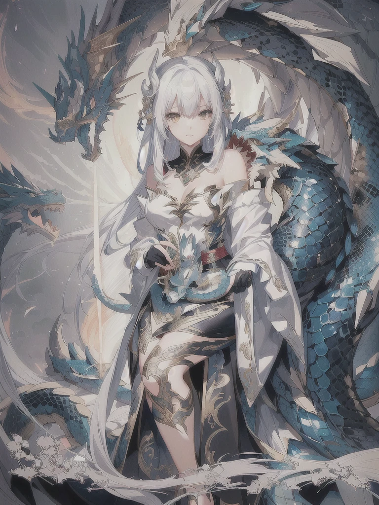 anime girl with a dragon and snake on her shoulder, queen of dragons, white haired deity, dragon girl, anime fantasy illustration, loong, detailed anime art, detailed anime artwork, detailed digital anime art, detailed anime character art, anime fantasy artwork, the dragon girl portrait, human and dragon fusion, clean detailed anime art