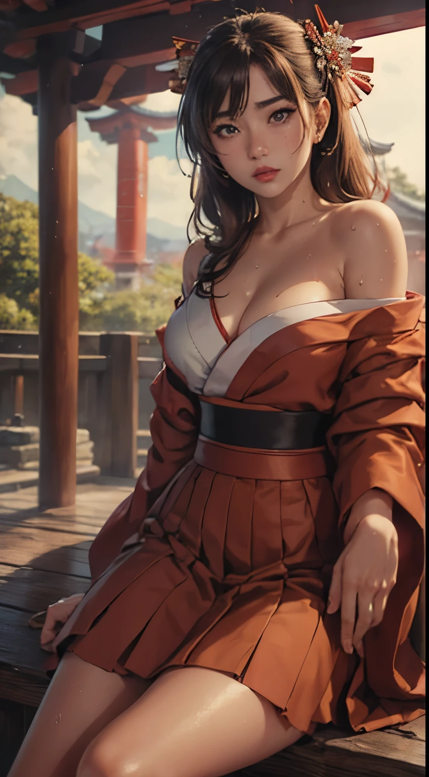 masterpiece, best quality, highres, hyper realistic, ultra detailed clothes,detailed skin, (sweat:1.2), 1girl, detailed face, (detailed pupils, cornea, beauty irish), realistic nose, red lips, sensual lips, model lips gimmick, honoka, miko, hakama skirt, sitting, japanes shrine's gate, sad, off shoulder