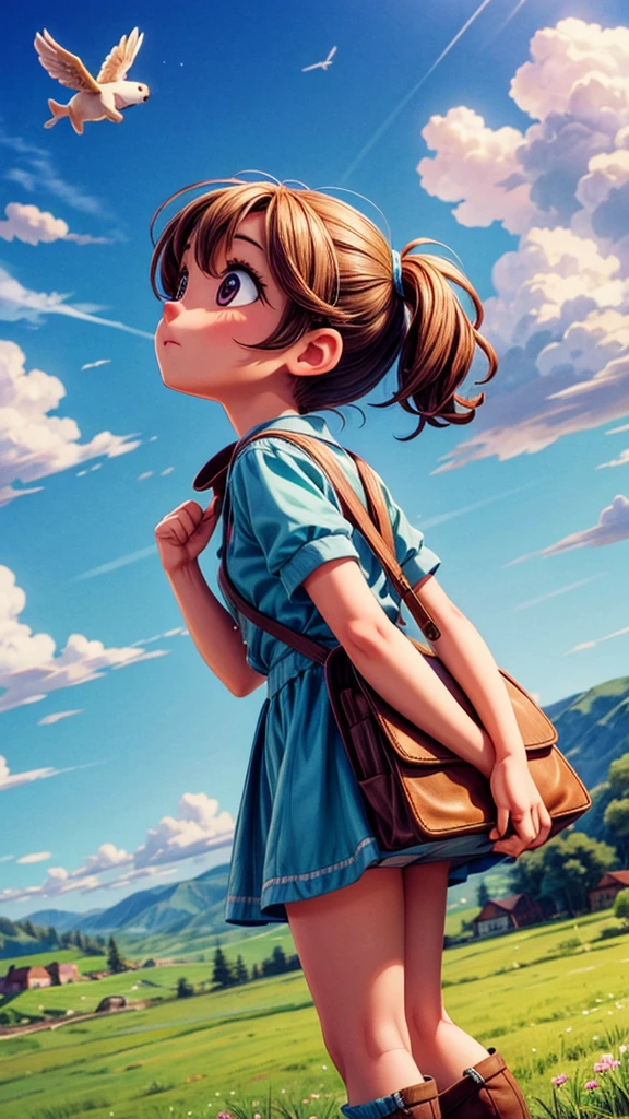 Cute puppy flying over a beautiful countryside landscape、girl looking up at it