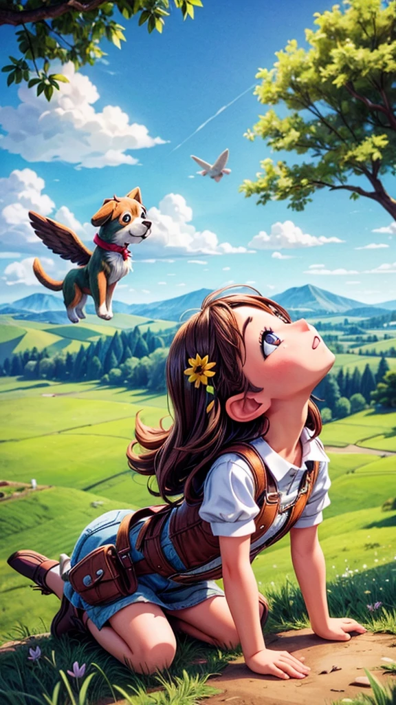 Cute puppy flying over a beautiful countryside landscape、girl looking up at it
