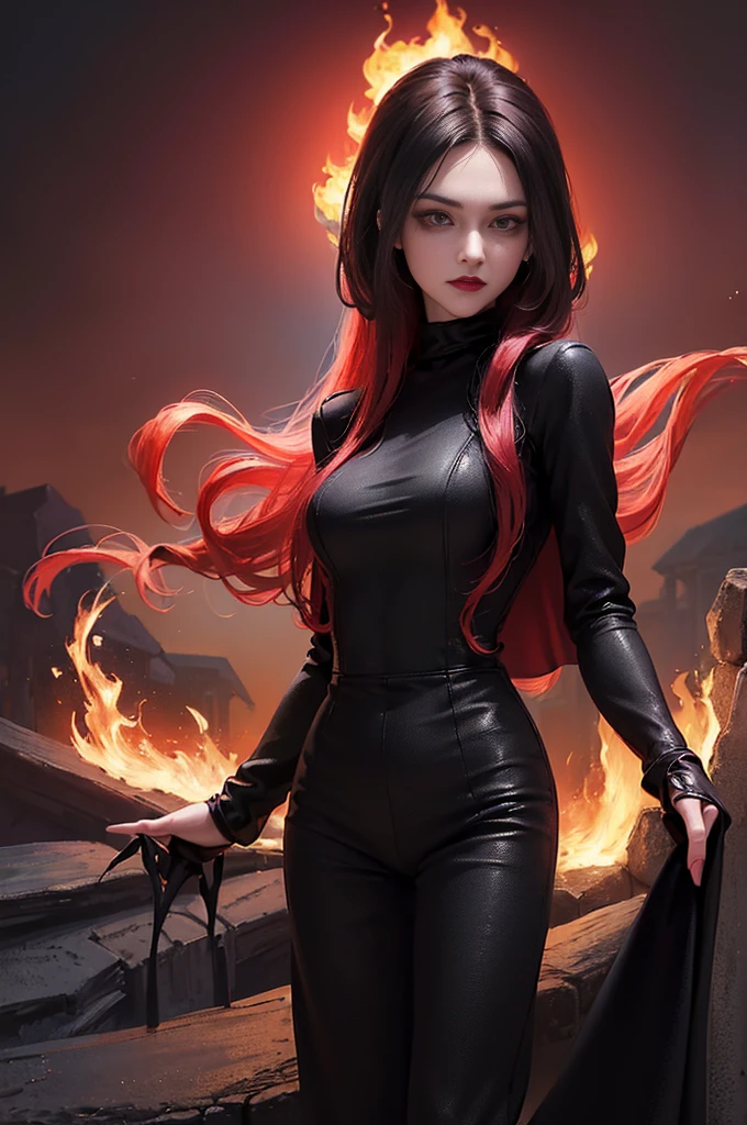 (skindentation:1.5), Realistic, Photorealistic, (masterpiece:1.5), concept art, intricate details, highly detailed, photorealistic, octane render, 8k, unreal engine, dynamic pose, best quality, highres, (realistic face:1.1), (hyperrealistic:1.1), (((upper body only))), perfect eyes,(shiny skin:1.2), (((hairstyle))), (((perfect handtremely detailed background), ((dynamic background)), ((1girl)), (((wearing black jumpsuit, dark red long wizard cape))), ((detailed eyes, high quality eyes, high quality face)), (extremely intricate cape), red long hair tie into two low ponytails, dramatic, depth of field, bokeh, 4k, (((underworld))), (((black magic witch))), (((fierce eyes))), ((dark eye liners and eye shadow)), (((devilish look)))