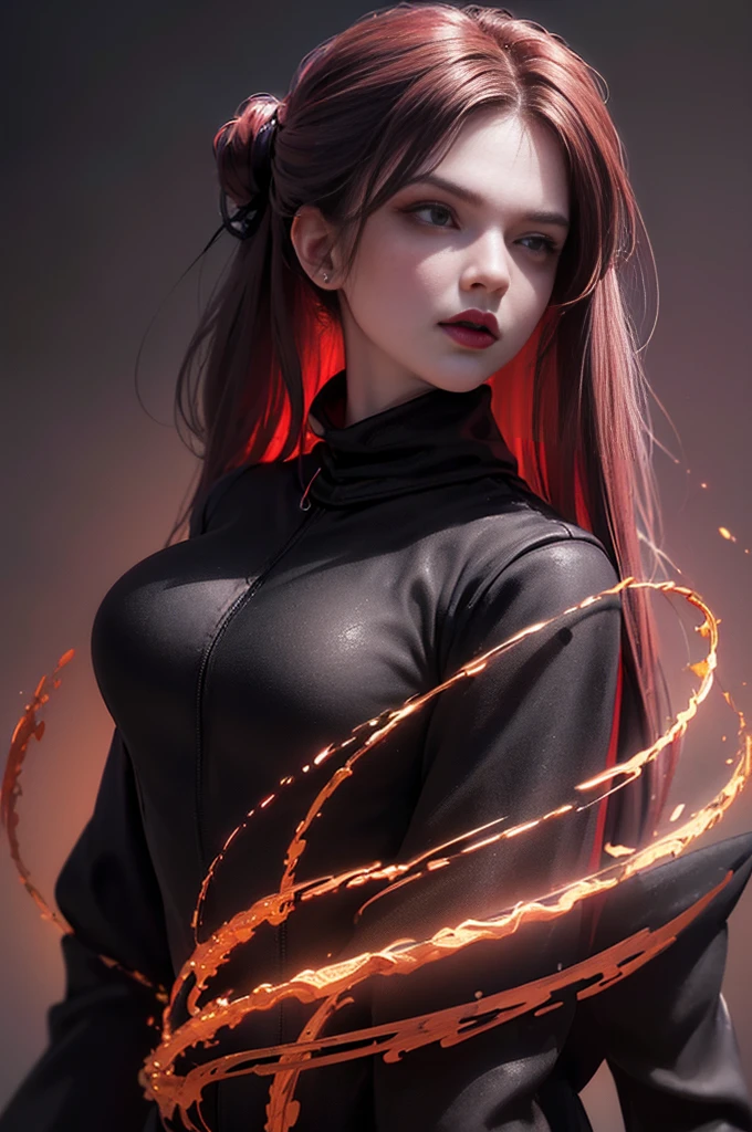 (skindentation:1.5), Realistic, Photorealistic, (masterpiece:1.5), concept art, intricate details, highly detailed, photorealistic, octane render, 8k, unreal engine, dynamic pose, best quality, highres, (realistic face:1.1), (hyperrealistic:1.1), (((upper body only))), perfect eyes,(shiny skin:1.2), (((hairstyle))), (((perfect handtremely detailed background), ((dynamic background)), ((1girl)), (((wearing black jumpsuit, dark red long wizard cape))), ((detailed eyes, high quality eyes, high quality face)), (extremely intricate cape), red long hair tie into two low ponytails, dramatic, depth of field, bokeh, 4k, (((underworld))), (((black magic witch))), (((fierce eyes))), ((dark eye liners and eye shadow)), (((devilish look)))
