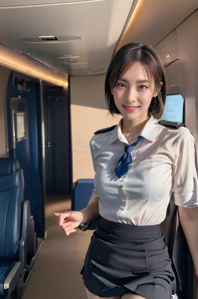 (8K, best quality, masterpiece:1.2), (realistic, photo-realistic:1.37), (high color saturation:1.0), (highly detailed skin), (highest quality:1.0), (ultra high resolution:1.0) ,(realistic:1.0), (Super detailed:1.0), (8K, Raw photo:1.1)、standing random pose, smiling, natural breast, perfect lighting, 3girls, 24years old, (mysterious), clear and detailed, ((ANA_Cabin Crew, blue flight attendant_uniform)), black pantyhose, (aircraft, aircraft seats), cute face, tightskirt, pink panties, nsfw, ((skirt lift)),