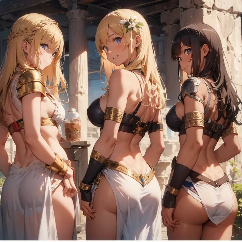 a group of pretty Greek warriors looking from behind, showing their butts in a flirtatious way, smiling , muscular girl , small breast , marked abdomen, ,brown skin, ancient Greece, classical Greece, black armor ,slim body, defined abdomen , warrior woman, l ight armor, black hair, breasts, navel, blue eyes, looking at viewer, outdoors, smile, armlet, cleavage, open mouth