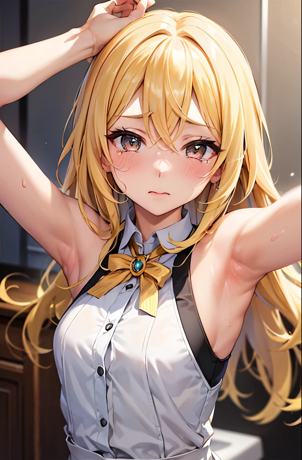 (masterpiece:1.2), hyper detail, best quality, (intricate_details:1.1), beautiful detailed, beautiful hair, solo, 1girl,Pupil d etails,seia \(blue archive\),MULTICOLORED EYES, BLONDE HAIR,LONG HAIR,ANIMAL EARS,HALO,WHITE DRESS,SLEEVES PAST FINGERS,shoulder,upper body,sweating,heavy breathing,steam,blurry_background,sweating,greasy shoulder,from below,looking side,flipped hair,armpit,greasy armpit,from side, shoulder focus,((armpit focus)),bare shoulder,upper body,five fingers,(sideboobs),((five fingers)),((greasy armpit)),((smooth armpit)),((Pupil details)),((Stretch oneself)),((hand on chest)),((five fingers)),((Detailed armpit)),((elastic armpit)),((soft armpit)),((pov)),((slender body)),((slim)),((small breasts)),loli,greasy skin,smooth skin