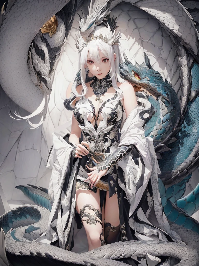 anime girl with a dragon and snake on her shoulder, queen of dragons, white haired deity, dragon girl, anime fantasy illustration, loong, detailed anime art, detailed anime artwork, detailed digital anime art, detailed anime character art, anime fantasy artwork, the dragon girl portrait, human and dragon fusion, clean detailed anime art
