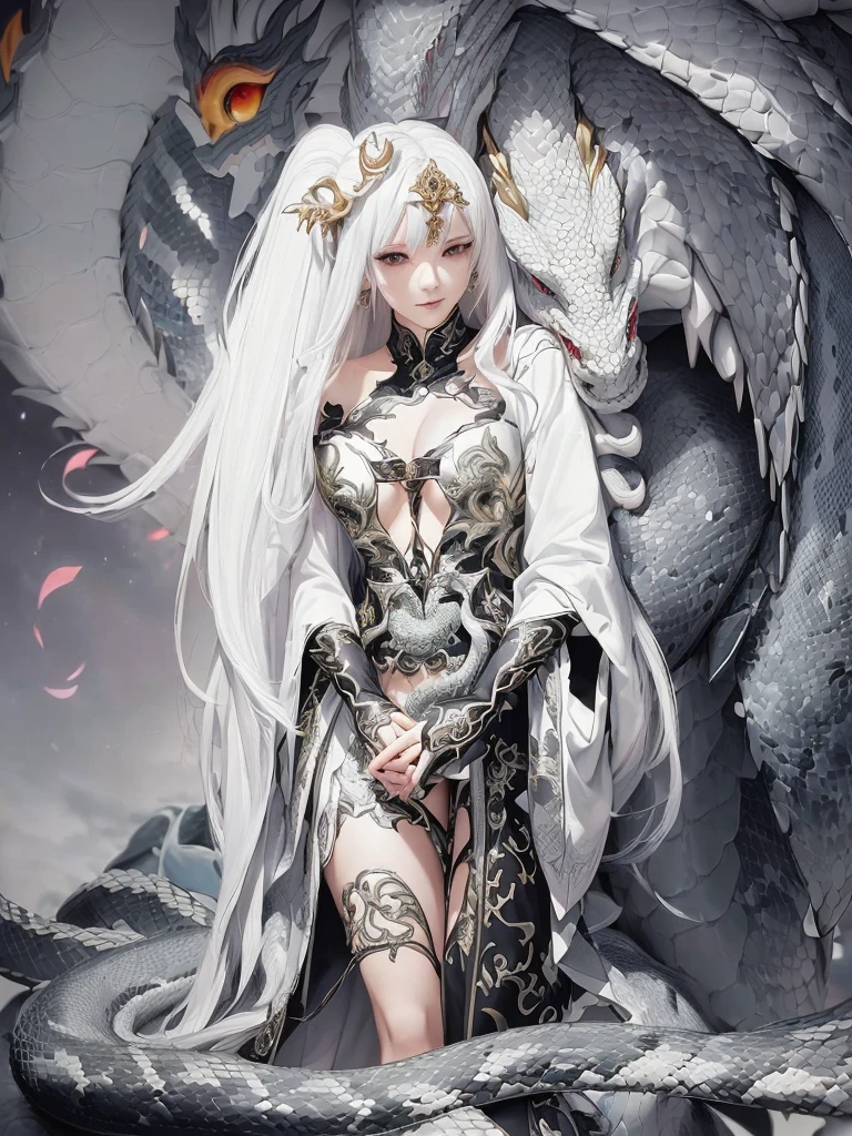 anime girl with a dragon and snake on her shoulder, queen of dragons, white haired deity, dragon girl, anime fantasy illustration, loong, detailed anime art, detailed anime artwork, detailed digital anime art, detailed anime character art, anime fantasy artwork, the dragon girl portrait, human and dragon fusion, clean detailed anime art