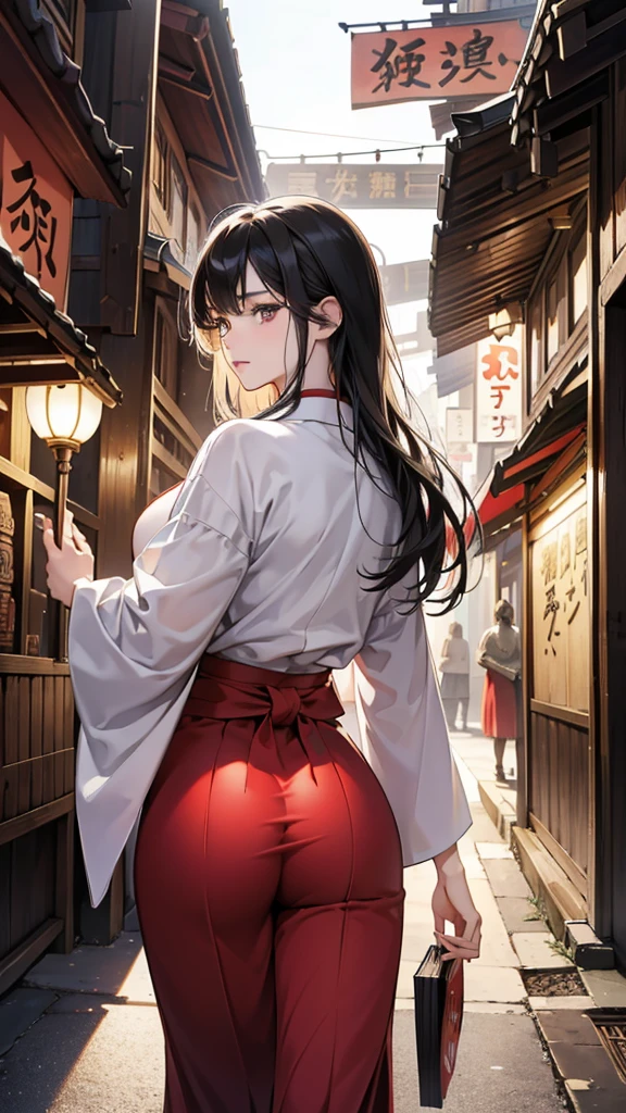 (perfect anatomy:1.2)(absurdres, highres, ultra detailed),masterpiece,best quality,high resolution,8k,Realistic face,Realistic skin texture,magnified textures, stunning clarity,detailed anime girl,(ultra detailed eyes and face),,black long hair,pale skin,Japanese shrine maiden, mysterious eyes,shrine maiden clothes,(white kimono),(The red long hakama),thin body type,big breasts,(small ass),(expressionless:1.2),Steampunk in the Edo Period、(Vivid hieroglyph signs and street advertisements:1.2)、silence、autumn、hieroglyph,souk、Ancient Egyptian statues、Shopping Street,,look at viewer,(from behind:1.6),Delicate atmosphere、,cowboy shot,arms down、Looking at the viewer