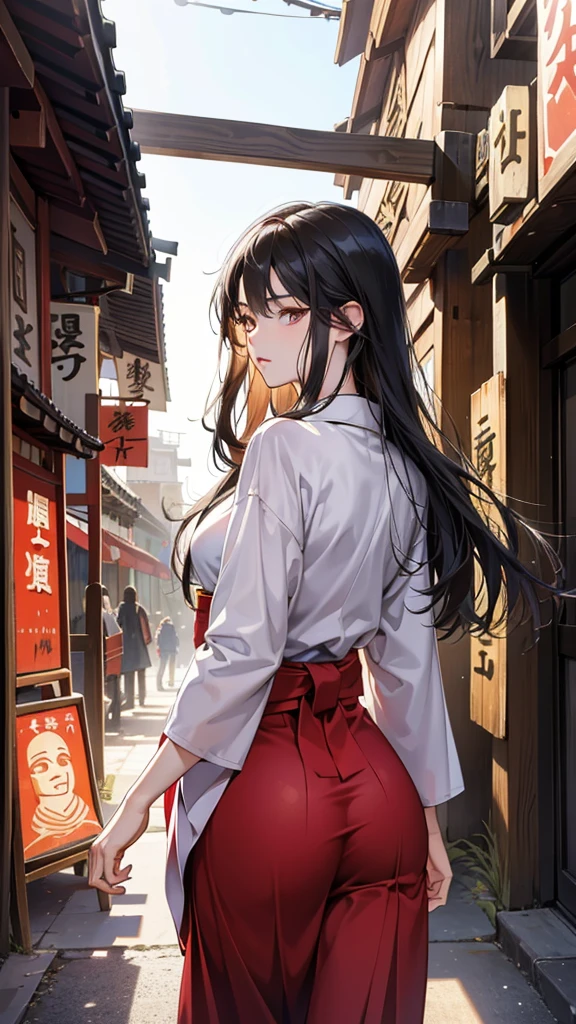 (perfect ???????:1.2)(absurdres, highres, ultra detailed),masterpiece,best quality,high resolution,8k,Realistic face,Realistic skin texture,magnified textures, stunning clarity,detailed anime girl,(ultra detailed eyes and face),15 years old,black long hair,pale skin,Japanese shrine maiden, mysterious eyes,shrine maiden clothes,(white kimono),(The red long hakama),thin body type,big breasts,(small ass),(expressionless:1.2),Steampunk in the Edo Period、(Vivid hieroglyph signs and street advertisements:1.2)、silence、autumn、hieroglyph,souk、Ancient Egyptian statues、Shopping Street,,look at viewer,(from behind:1.6),Delicate atmosphere、,cowboy shot,arms down、Looking at the viewer