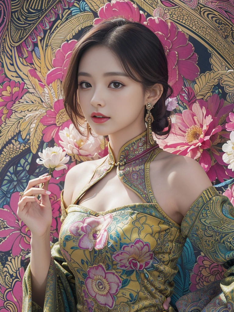 (masterpiece, top quality, best quality, official art, beautiful and aesthetic:1.2), (1girl:1.3), extremely detailed,(fractal art:1.1),(colorful:1.1)(flowers:1.3),highest detailed,(zentangle:1.2), (dynamic pose), (abstract background:1.3), (chinese dress:1.2), (shiny skin), (many colors:1.4), ,(earrings:1.4),