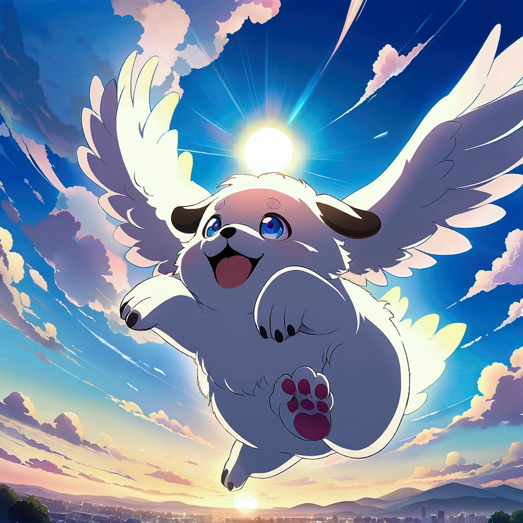 best qualith, a puppy flying in the sky, wing, cloud, sun, blue sky, anime, official art,
