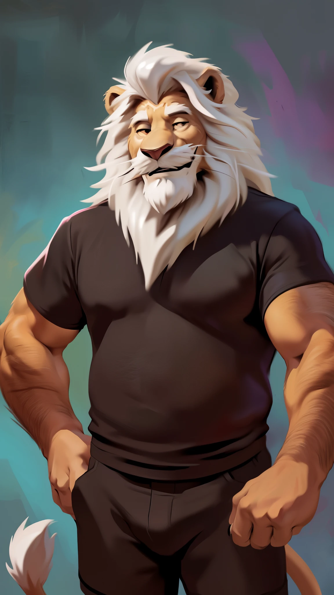 by chunie by catsudon by retros, male,ridiculuous,((mature,mature male)),((Bearded,mustache)), felid, solo, ((Lion,tail)),(white hair), facial hair, facing viewer, ((Highly detailed face)), (((Grandpa Figure))), ((smilling)), red and orange abstract background, ((black shirt)),((short pants)), smile, ((((wise)))),((DILF)),