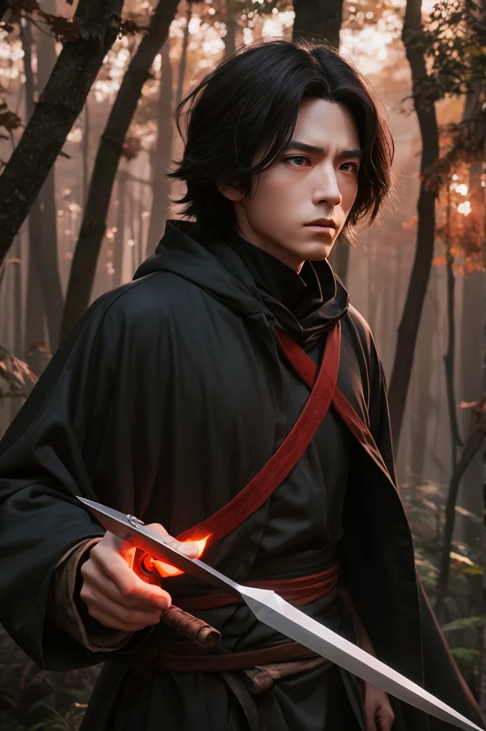 Ghibli-style characters、CG、4K、Ultra-realistic、Soul Hunter:Ghibli-style hunter、Wandering the forest hunting souls。Eyes glow red、The body is covered with a shadow-like black coat.。In his hand he holds a sharp sickle。