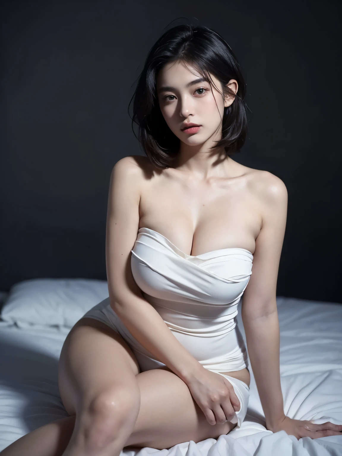 a 20 yo, (bob hair), black night glown, wearing black dress, strapless, show cleavage, dark theme, soothing tones, muted colors, high contrast, (natural skin texture, hyperrealism, soft light, sharp), simple background, Dark Blue. ((Show big thigh, plump body)). Sitting on the bed. Closing mouth