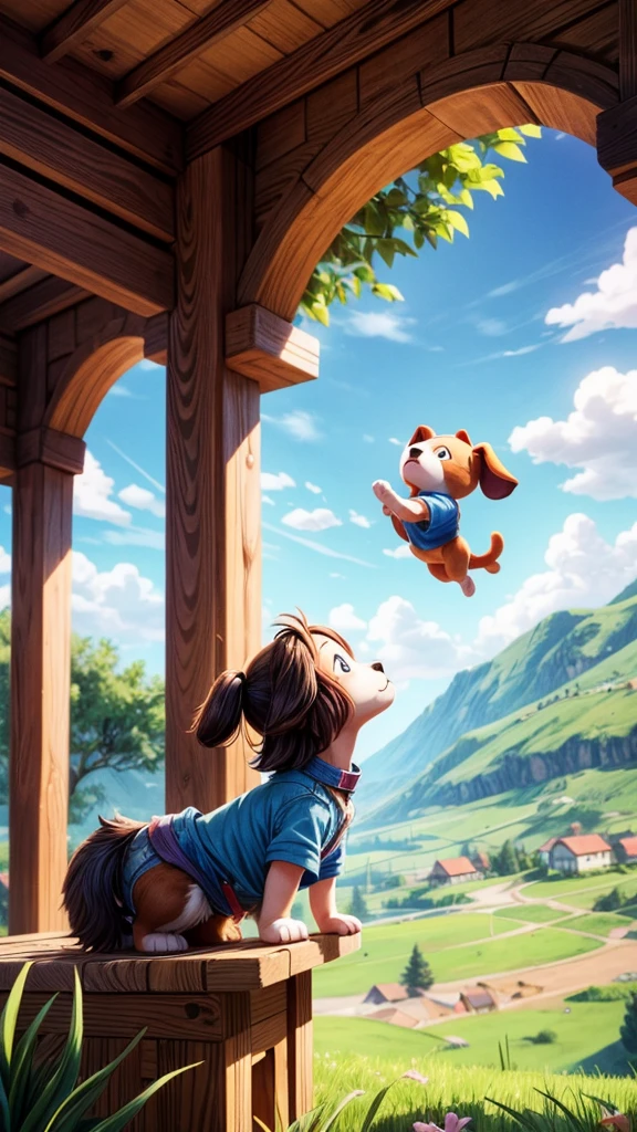 Cute puppy flying over a beautiful countryside landscape、girl looking up at it