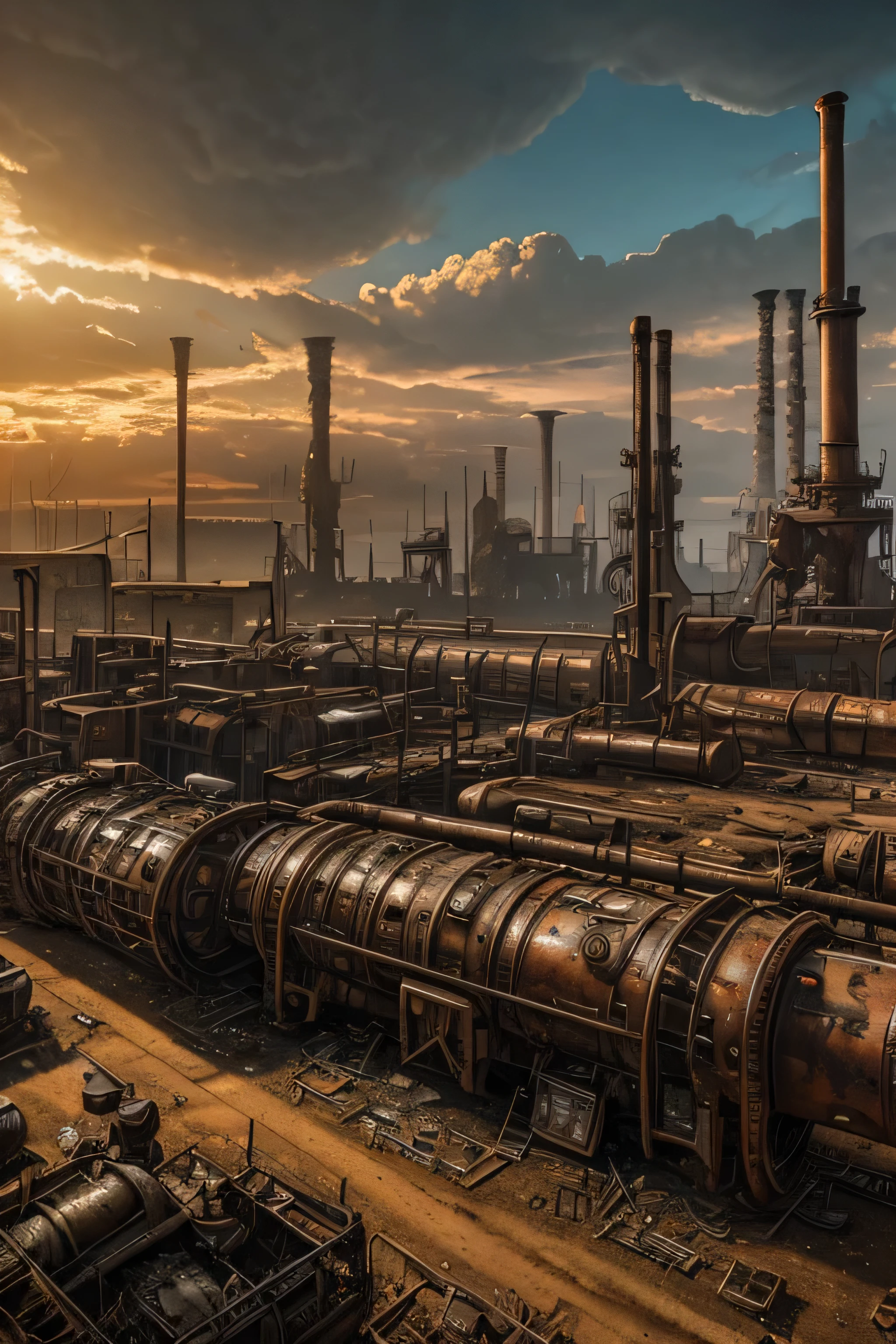 a highly detailed steampunk landscape, a vast post-apocalyptic wasteland, gears, pipes, steam, 8k, best quality, masterpiece, ultra-detailed, sharp focus, photorealistic, cinematic lighting, warm color palette, dramatic dramatic shadows, intricate machinery, rusted metal, abandoned factories, desolate environment, industrial decay, gritty atmosphere, futuristic technology, retrofuturistic aesthetic