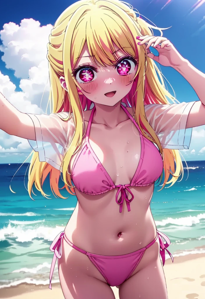 rubyhoshino, Ruby Hoshino, Long Hair, bangs, blonde, (Pink Eyes:1.3), (Symbol-shaped pupil:1.5), Multicolored Hair, smile,blush,Open your mouth,Two-tone hair, Bikini Swimwear,barefoot,Water Play,Wet Hair,Wet Skin,Wet swimsuit,True Summer,Clear skies during the day,
break outdoors, Beach,construction area,
break looking at viewer, whole body, (Cowboy Shot:1. 5)
break (masterpiece:1.2), highest qualそれy, High resolution, unそれy 8k wallpaper, (shape:0.8), (Beautiful attention to detail:1.6), Highly detailed face, Perfect lighting, Highly detailed CG, (Perfect hands, Perfect Anatomy),